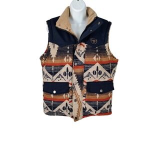 Platini Mens Southwestern Geometric Sherpa Lined Western Vest Navy Tan Small